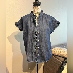 Ruffled Button-Front Denim Blouse - Blue